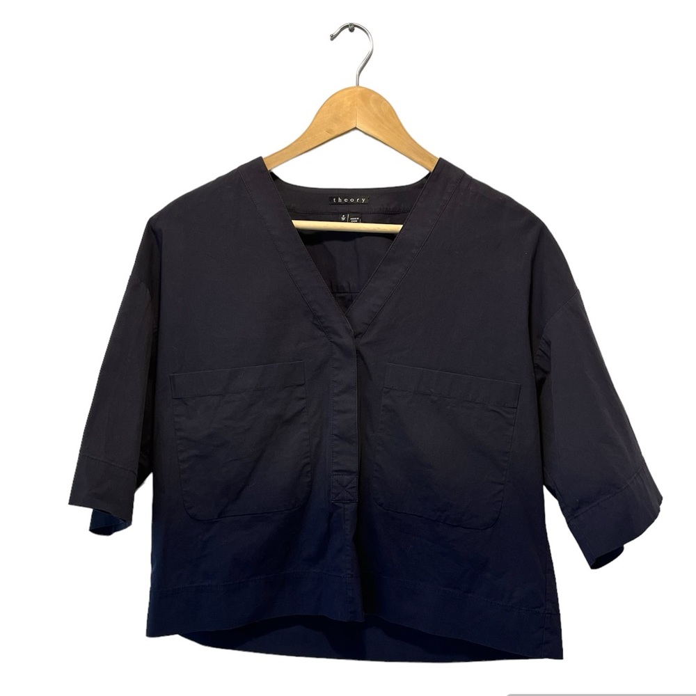 THEORY women’s navy blue boxy blouse cropped shirt size P Petite small NWOT